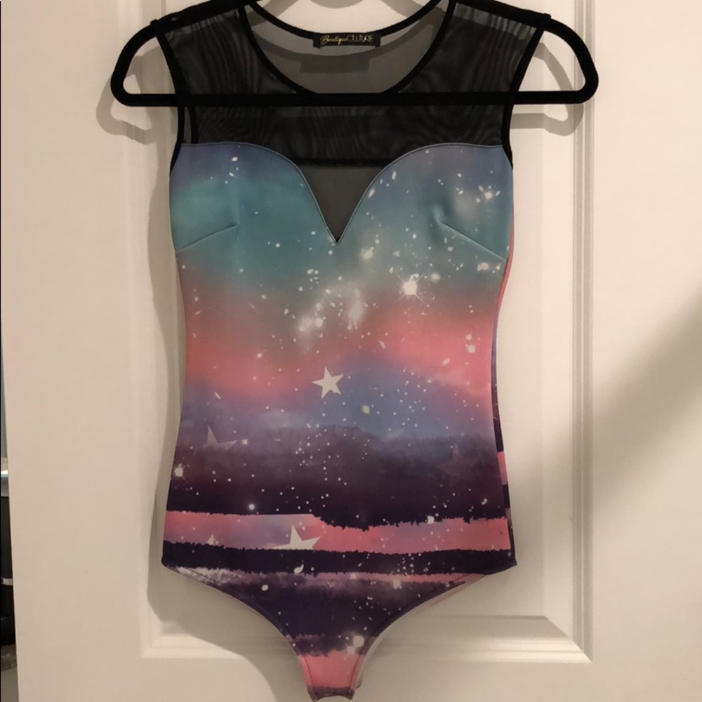 Like NEW. Galaxy bodysuit with black mesh detail